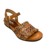 A tried and proven little sandal that is hard wearing, an easy fit on almost every foot and in every wardrobe. The woven front incorporates muted summer colours for added interest. The contoured foot bed and cushioning in the wedge provides comfort for tired feet. Made in Spain