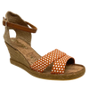 This Spanish espadrille from Zeta has a five tier wedge, hessian heel cup, tan ankle strap with a small gold buckle and well fitted sandal front. The leather is orange in a soft suede with a white spot. A comfortable and fun addition to your summer wardrobe.