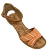 This Spanish espadrille from Zeta has a five tier wedge, hessian heel cup, tan ankle strap with a small gold buckle and well fitted sandal front. The leather is orange in a soft suede with a white spot. A comfortable and fun addition to your summer wardrobe.
